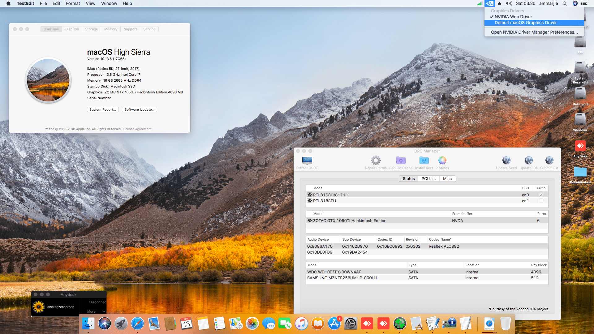 Succes Hackintosh macOS High Sierra 10.13.6 Build 17G65 at MSI Z170A Tomahawk + Intel Core i7-7700 + Zotac 1050Ti 4GB